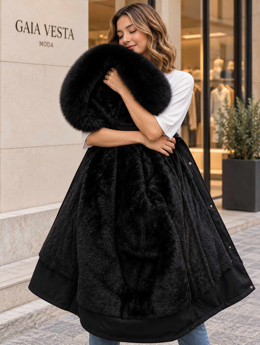 Parka negra con cuello de pelo lujo