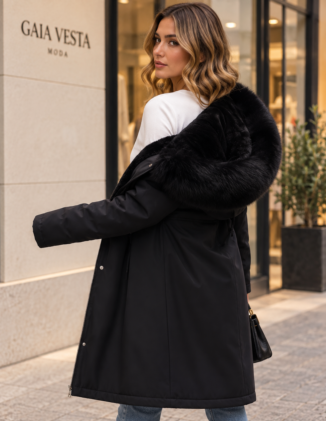 Parka negra con cuello de pelo lujo