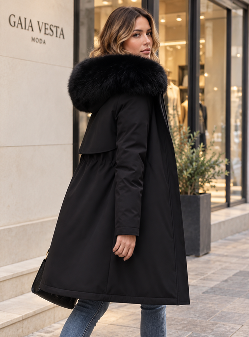 Parka negra con cuello de pelo lujo