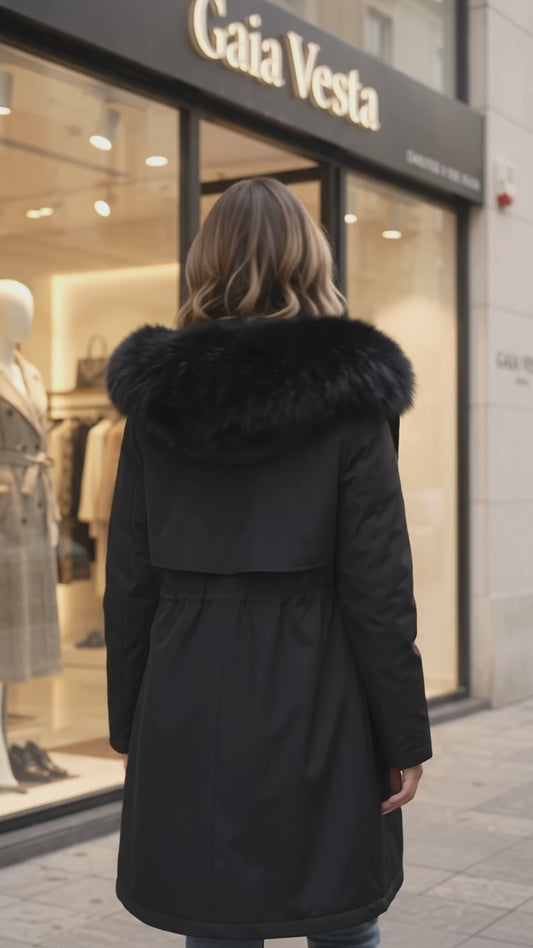 Parka negra con cuello de pelo lujo